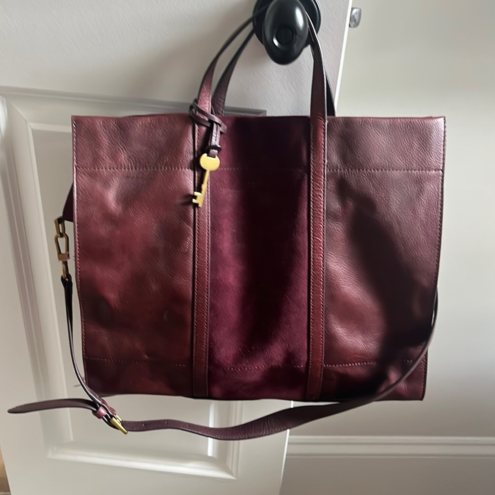 Fossil Deep Burgundy Leather Tote with Key Accent
